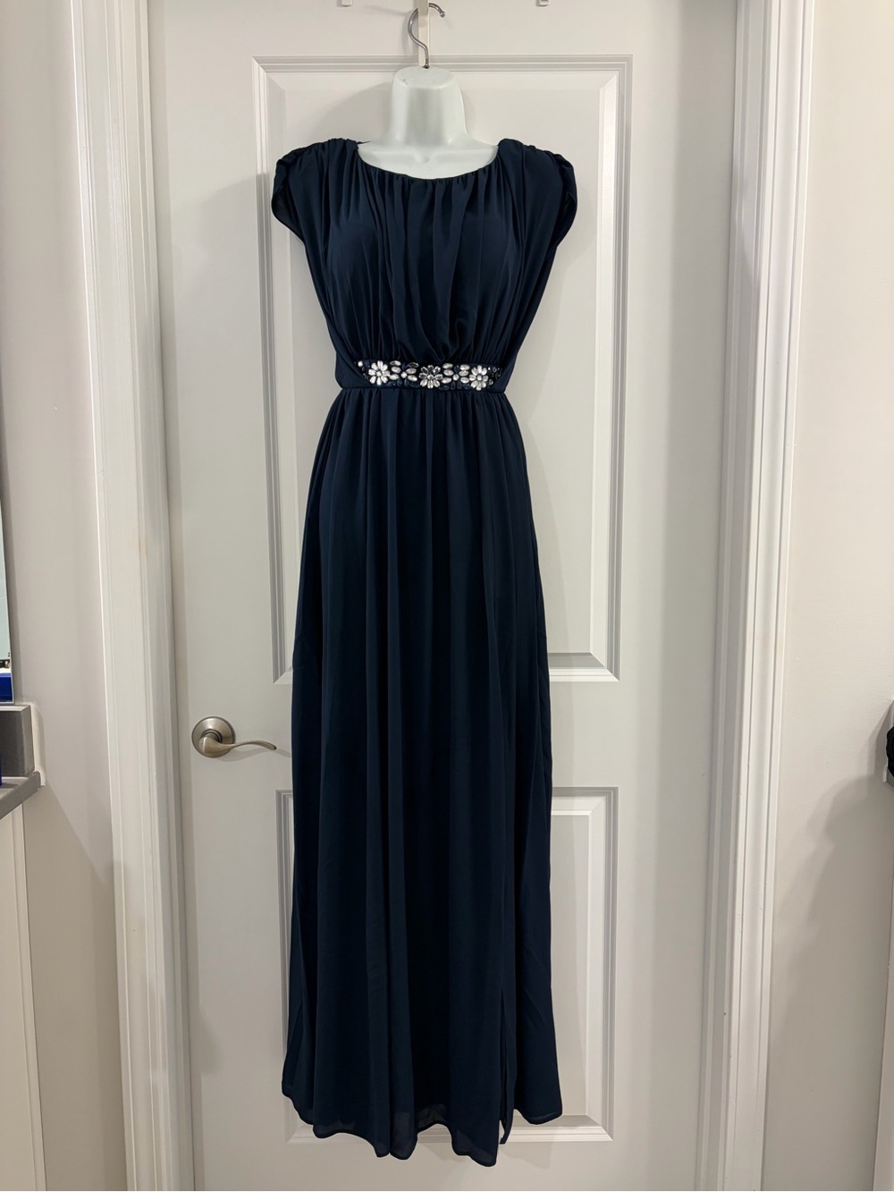 ASOS Navy Blue Embellished Waist Cap Sleeve Dress